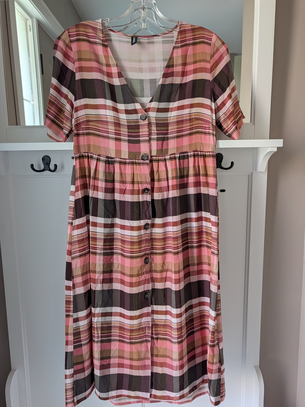 H&M Pink and Brown Plaid Button-Front Midi Dress